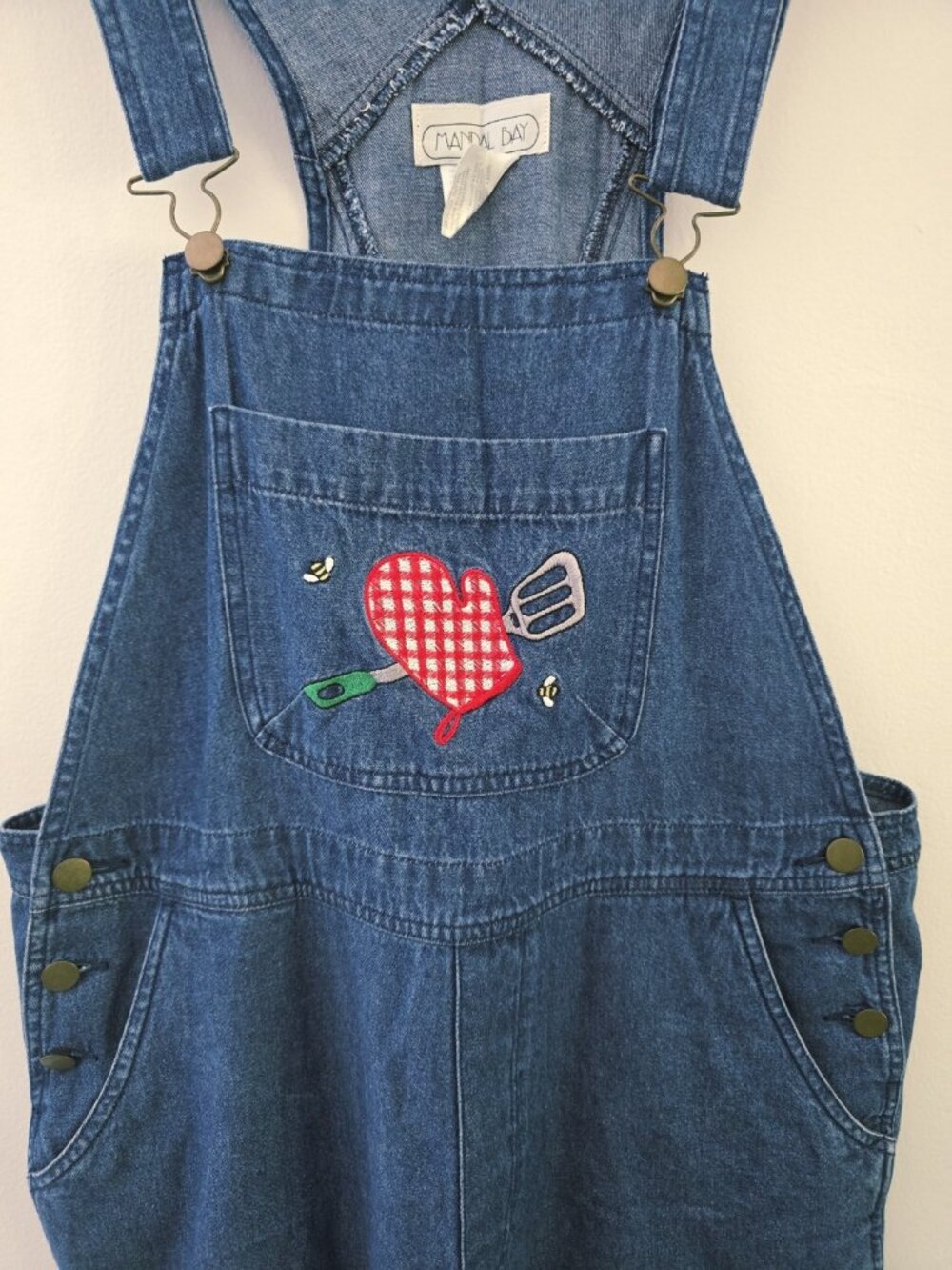 Vintage Y2K Denim Cottom Embroidery Gingham Mitt Cookout Overalls Bibs XL - Picture 2 of 8